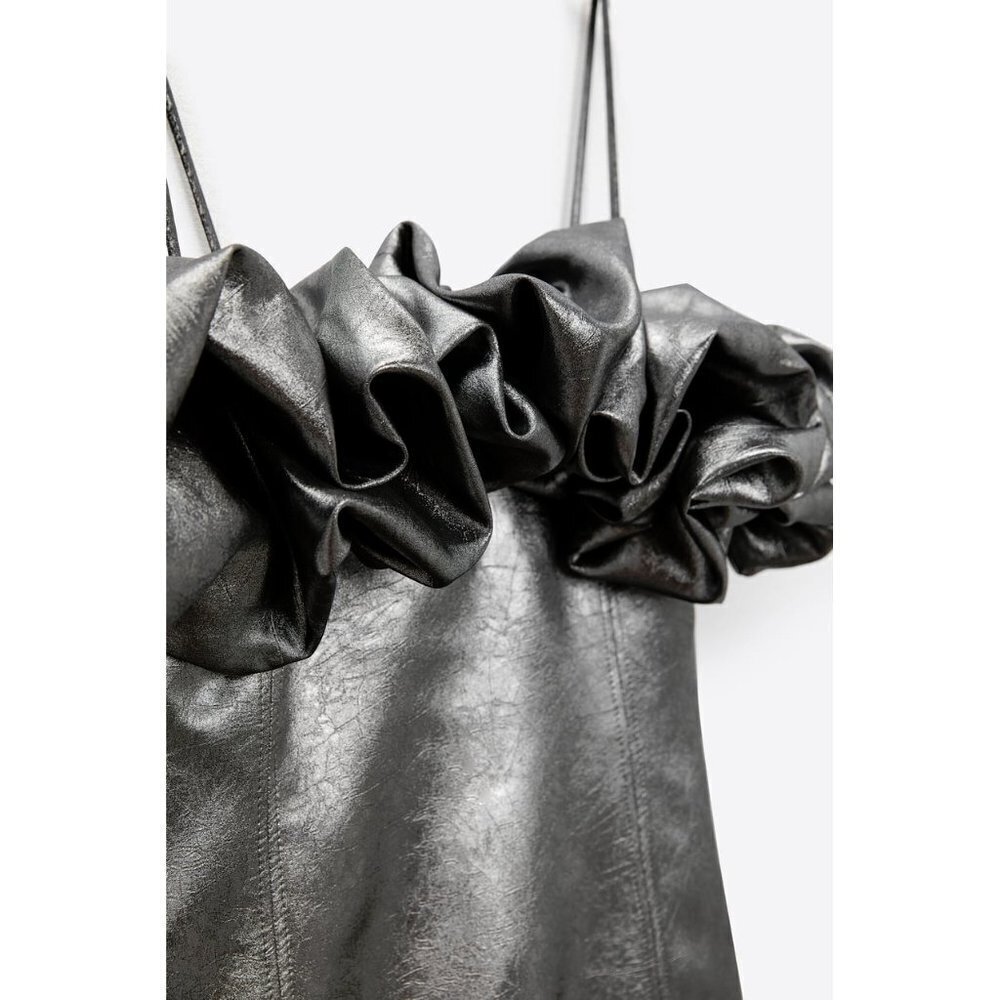 NWT Zara metallic silver shine effect voluminous ruffle detail mini dress, M - Picture 6 of 10